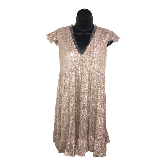 Gold shimmery sequin lace trim v-neck babydoll swing tent dress size medium new - Picture 1 of 16